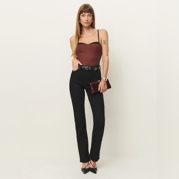 NEW Reformation Melanie Strappy Top Woven Silk Contrast Dark Red | size 0 - Picture 2 of 11